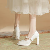 Square Head Thick Heel High Heels 2024 Spring French Pearl One Word Buckle Satin Wedding Shoes Bride