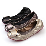 Ballet Flats Shoes Women Fashion Foldable Square Toe Rhinestone Buckle Golden PU Leather Ballerina Shoes Soft