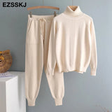 2 Pieces Set Women Knitted Tracksuit Turtleneck Sweater + Carrot Jogging Pants Pullover Sweater Set CHIC Knitted