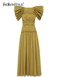 Casual Loose Dress For Women Square Collar Short Sleeve High Waist Solid Minimalist Midi Dresses Female Fashion