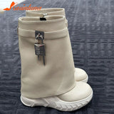 New Brand Trendy 2023 Fashion Mid Calf Boots Thick Heeled Metal Buckle Short Women Boots Leather Female Shark