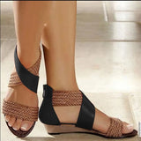 New Fish Mouth Leather Canvas Women Weave Wedge Heel Shoes Zipper Sandals Casual Beach Sandals Roman