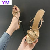 2021 Champagne Strappy Heels Sandals Women High Heels Flip Flops Square Toe Slides Party Shoes New Zapatista De Mujer De