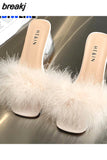 5CM Summer Fluffy Peep Toe Sexy High Heels Women Shoes Fur Feather Lady Fashion Wedding Slip-On Square Toe Women