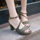 New Buckle Roman Coarse Sandals Female Korean Version Of Casual High Heels Beaded Fish Mouth Women