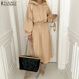 2022 Autumn Winter Elegant Hooded Robe ZANZEA Holiday Hoodies Vestido Female OL Casual Midi Dresses Women Solid Sweatshirt