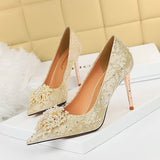 Breakj Sexy Banquet High Heels Fine Heel High Heels Shallow Pointed Pearl Flowers Rhinestone Women's Shoes Single