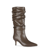Women Mid-Calf Boots Sexy Solid Color Leather Folds Boots Pointed Toe Thin Heels Stiletto Party Shoes Large Size