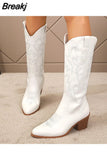 Western Women Boots Brand Chunky Heeled Autumn Retro Embroider White Cowboylid Calf Long Boots Lady Big Size Shoes