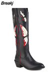 Big Size 34-43 Women Knee High Boots Cowboy Autumn Thick High Heels Pointed Toe Retro Butterfly Long Boots Shoes