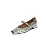 Collision Proof Metal Square Head Single Shoes Women's Fashion Spring Low Heel One Word Buckle Shallow Mouth Single Shoes Leather Mary