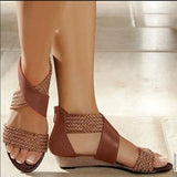 New Fish Mouth Leather Canvas Women Weave Wedge Heel Shoes Zipper Sandals Casual Beach Sandals Roman
