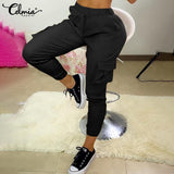 Celmia Fashion Cargo Pants Women 2022 Autumn Elastic Waist Pockets Long Trousers Streetwear Jogger Pant Casual Solid