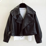 New Spring Women Faux Leather Jacket Biker Red White Coat Turndown Collar PU Motorcycle Jackets Loose Streetwear