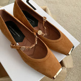 Collision Proof Metal Square Head Single Shoes Women's Fashion Spring Low Heel One Word Buckle Shallow Mouth Single Shoes Leather Mary