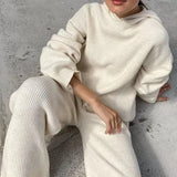 Knitted Sweat Suits Women Matching Sets Long Sleeve Hoodie+wide-legged Pants Loungewear Sweater Set Two Piece