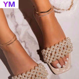 Pink 2021 Pearl Women Sandals Slippers Square Toe Slides Summer Fashion Design Ladies Size 35-43 Zapatillas Mujer Casa