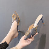 Breakj Women Wear Half-Slippers Women 2025 New French Water Drill High Heels Thin Heel Head Cool Drag