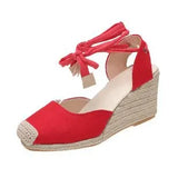 Breakj Summer New Large-Size Slopes And Women's Sandals Thick-Soled Buns Heel Heel Heel Tie Cloth Hemp Rope Sandals