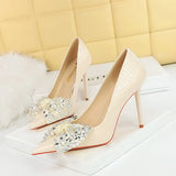 Breakj Korean Version Of Fashion Banquet High Heels Fine Heel Super High Heel Shallow Mouth Pointed Water Diamond Bow Single Shoe