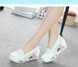 Women's Genuine Leather Platform Shoes Wedges White Lady Hollow printing Casual Shoes Swing mother Shoes Size