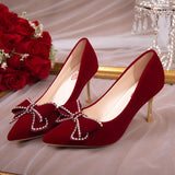 2023 New Crystal Bowknot Wedding Shoes for Women Bride Pointed Toe High Heels Pumps Woman Shallow Mouth Stiletto