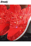 Style Women Casual Lace Up Sneakers Outdoor Sport Running Shoes Glitter Shoes Mesh Flat Shoes Ladies Sequin Vulcanized