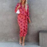 New Casual Fashion Printed Women Vacation Dress Spring Autumn Office Ladies Long Dress Elegant Lapel Button Lace-Up Shirt