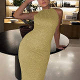 Ladies Elegant Solid Long Wrap Hip Dress Spring Fashion Sequin Sparkling Party Dress Women Sexy Slim O Neck Sleeveless Mini