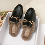 Breakj Half Slippers Woman 2025 Winter Real Rabbit Hair Round Head Lazy Man One Foot Outside Wearing Flat-Soled Muller Shoes Large-Size