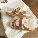 New Fur Inside Cork Slipper Autumn Winter Women Casual Nubuck Leather Outside Buckle Soft Plush Slides Shoe