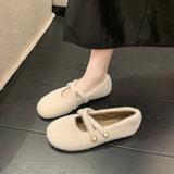 Breakj Design Simple Hairy Mary Jane Shoes Round Head Flat And Beige Mono Shoes Korean Version Of Gentle Pedaled Flat
