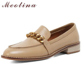 Genuine Leather Loafers Shoes Women Low Heels Chain Chunky Heel Pumps Round Toe Slip On Female Footwear Spring