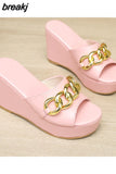 Women Slippers Flip Flop for Ladies Round Head Open Toe Casual Outdoor Female Wedge Chain High Heel 2023 New Large Size
