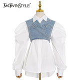 Casual Korean Suit For Women Lapel Puff Sleeve Shirt Denim Cross Vest Elegant Two Piece Sets Female 2020 Fall