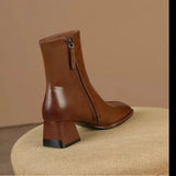 Autumn and Winter New Fashion Square Head Retro High Thick Heel Side Zipper Skinny Short Boots Women's All-match Nude