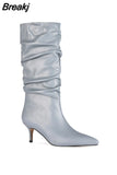 Women Mid-Calf Boots Sexy Solid Color Leather Folds Boots Pointed Toe Thin Heels Stiletto Party Shoes Large Size