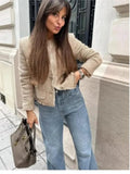 Shinny Sequin Women Cropped Jacket Stand Collar Long Sleeve Lady Solid Coat 2023 Autumn New Female Gold Street