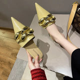 Women's Mules Shoes Pointed Toe Low Heel Women's Slippers Summer Metal Chain Female Sandals Woman Closed Toe Casual