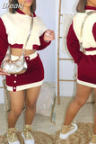 Winter Fall Outfits Women Patchwork Baseball Coat + Mini Skirts Sets 2 Piece Sets Womens Outfit Casual Streetwear