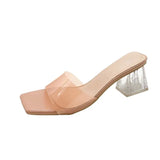 Breakj Summer New Transparent Crystal Slippers Women Wear Coarse High-Heeled Side Cool Slippers Outside Women's