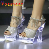 14CM Thick Heel Shoe LED Luminous Transparent Platform Diamond Tassels Sandals For Women Light Up Glowing Pole Dance