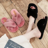 Women Warm Fluffy Slippers Cozy Faux Fur Cross Indoor Floor Slides Flat Soft Furry Ladies Female Celebrities Flip