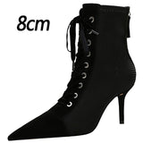 2022 Winter Ankle Women Boots Fashion Slim Heel High Heel Pointed Plaid Plaid Lace Up Fashion Cross Strapping