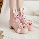 Vintage Girls Japanese Lolita Ankle Boots Women Cute Bow Princess Shoes Ladies Rabbit Ear Square Heel JK Uniform Colsplay