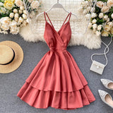 Summer Women V-neck Sling Cascade Ruffles Short Dress High Waist Slim Beach Backless Butterfly Bandage Red