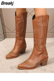 Western Women Boots Brand Chunky Heeled Autumn Retro Embroider White Cowboylid Calf Long Boots Lady Big Size Shoes