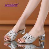 Women Slipper Peep Toe Thick Heels Outside Flip Flops Shoes Woman High Heel Slides Ladies Rhinestone Hollow Beach
