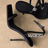 New Style Square Toe Ladies Sandals Crystal Letters Decorated Ladies High Heels Sexy High Heels Wedding Dress High