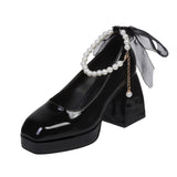 Shoes for Women Elegant Heeled Shoes Bow Square Toe Black High Heels Thick Heel Wedding Party Pearl Lace Mary Jane
